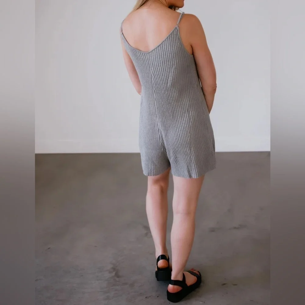 Miou Muse Ribbed Knitted Romper Gray